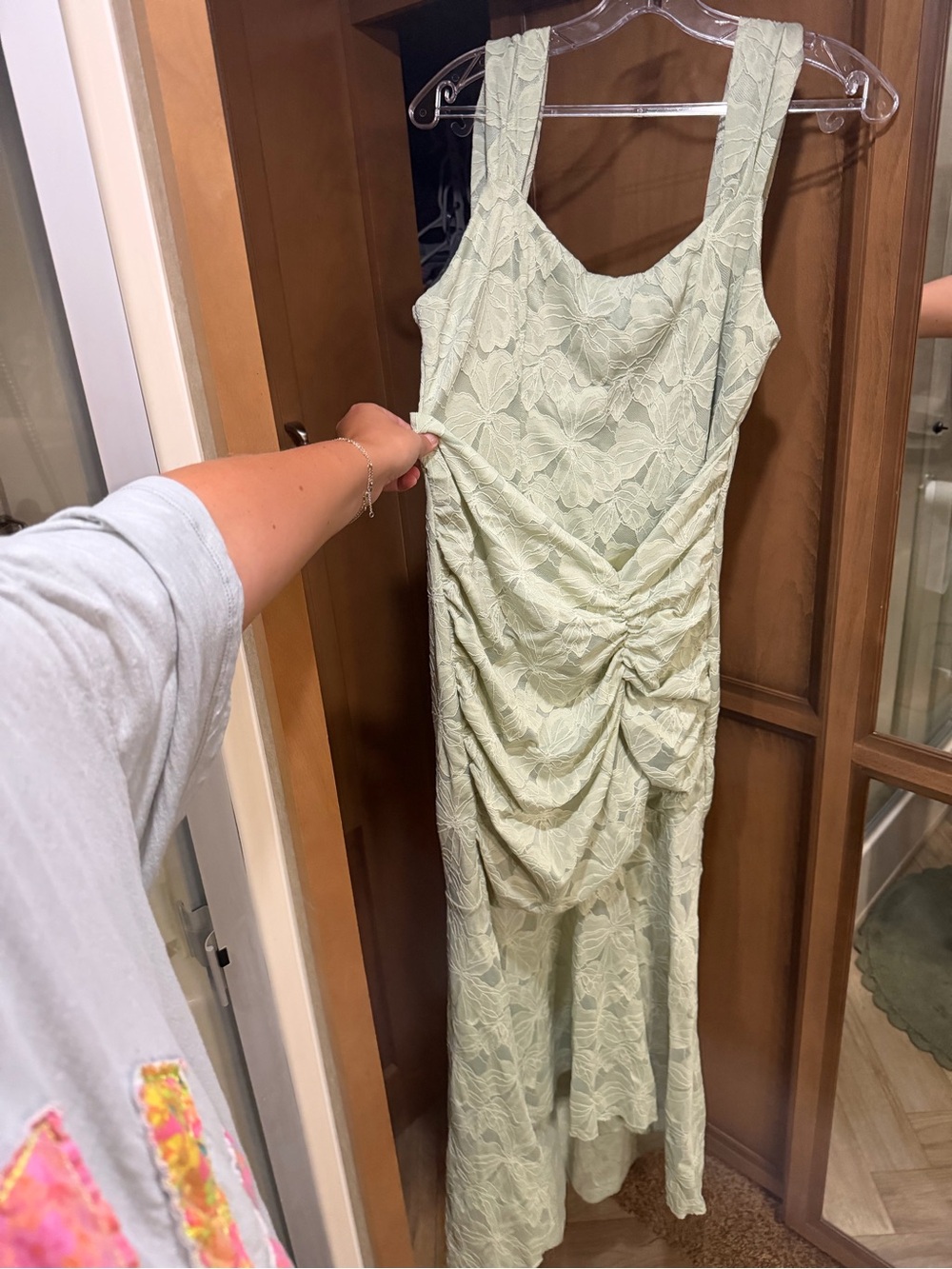 Sleeveless Ruched Floral Lace Maxi Dress in Light Sage